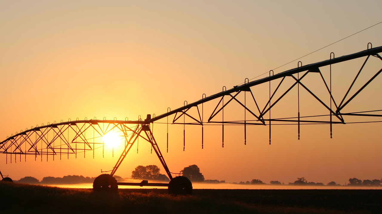 Irrigation water system at sunrise on a southern farm.