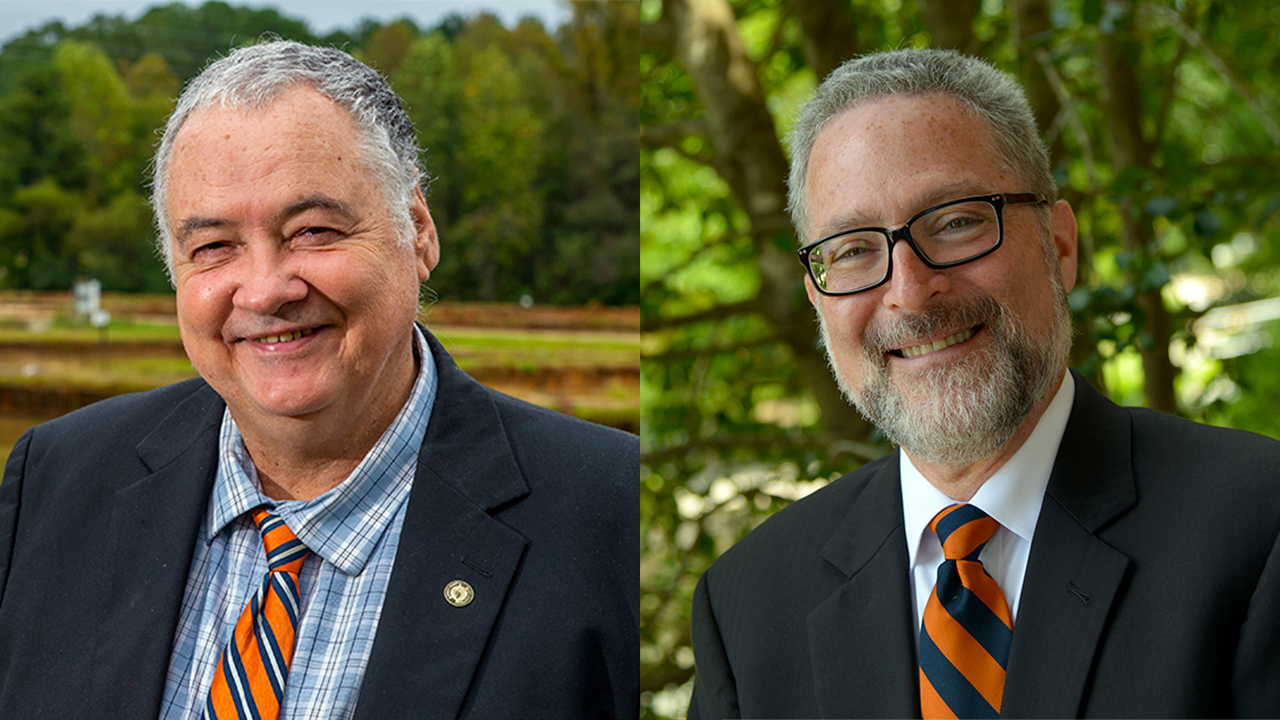 Side by side headshot photos of Auburn College of Ag Endowed Professors with the School of Fisheries, Aquaculture, Aquatic Sciences, Entomology & Plant Pathology
