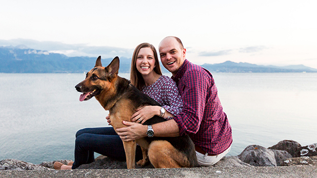 Beth-and-John-Miller-with-dog-Manny-in-front-of-lake-Nestle-chocolate-chip