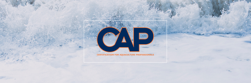 Certification for Aquaculture Professionals (CAP) Logo in front of breaking ocean waves on a beach