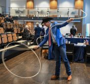 Will Jordan of The Best Roping Dummy shows off his roping skills during a break as eight student-led teams participate in the Tiger Cage Business Pitch Competition Friday, Feb. 25, 2022, in Auburn, Alabama. (Photo by Julie Bennett)