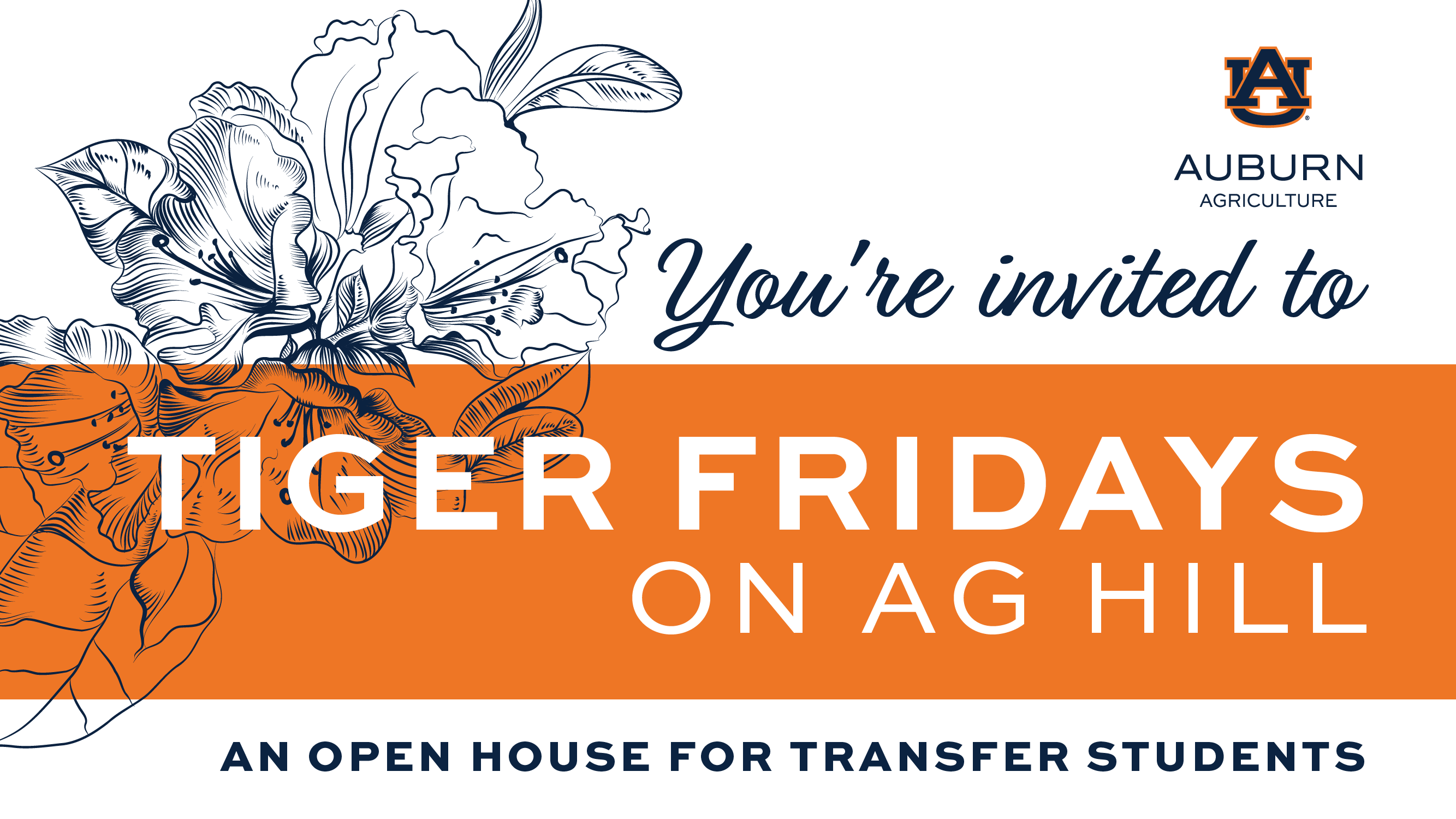 Tiger Fridays on Ag Hill decorative text with Auburn Agriculture logo and floral designs on the left side of the image