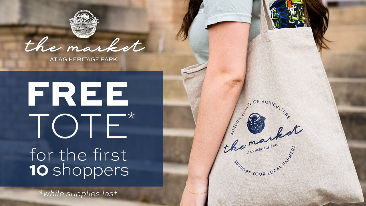 Graphic with text "Free tote for the first 10 shoppers while supplies last" on top of a photo of a woman carrying a market tote.